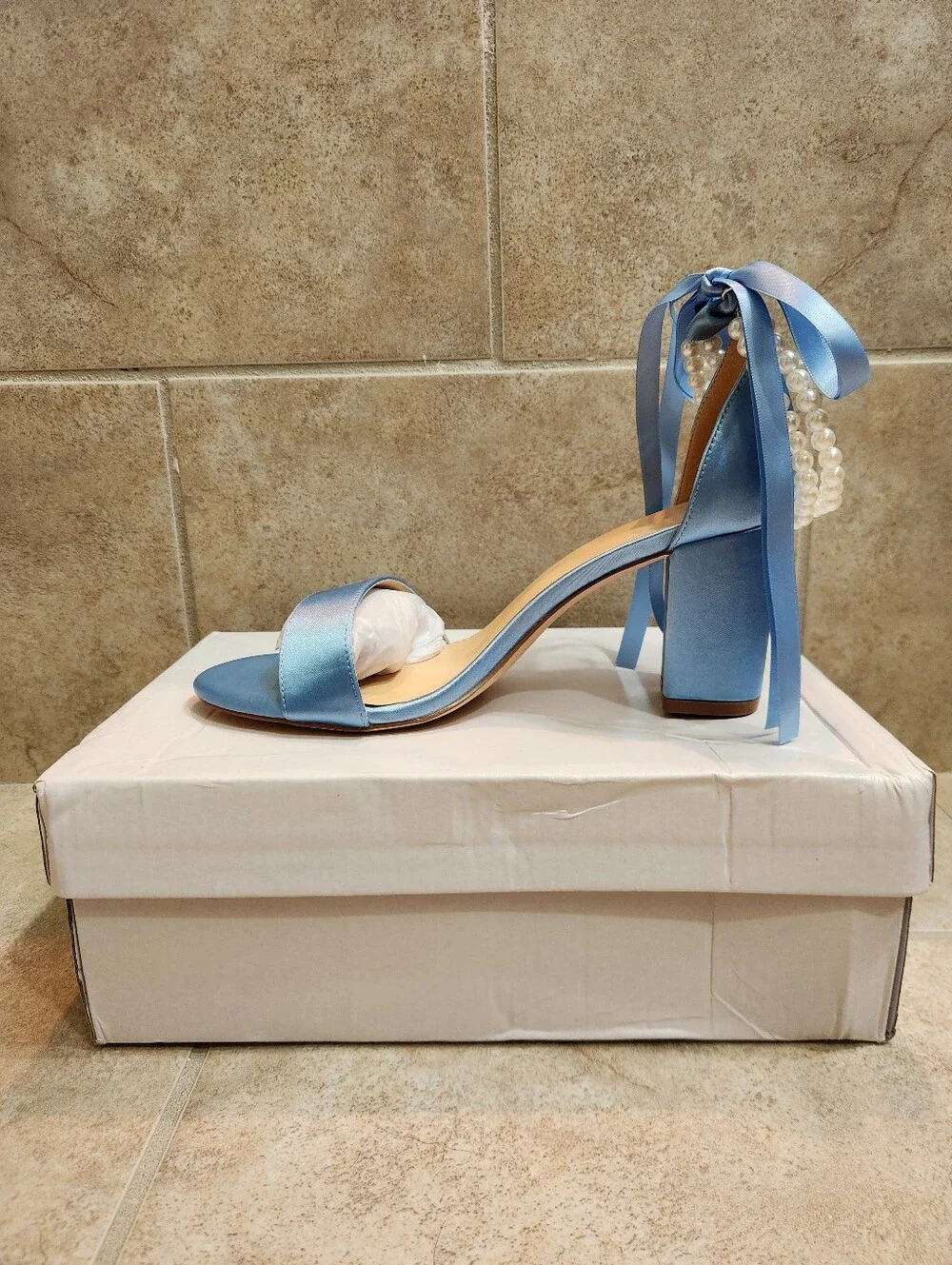Satin Blue Block Heel Sandal with Pearl Ankle Tie